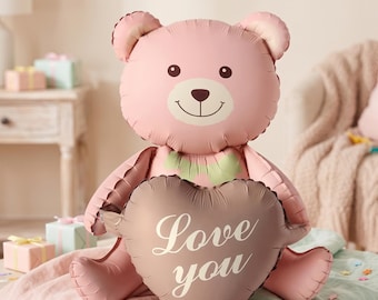Globo de aluminio rosa mate con forma de oso y corazón, decoración para fiestas temáticas de ositos de peluche.