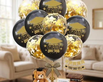 Globos de graduación con confeti negro y dorado, decoración para la fiesta de la promoción de 2025.