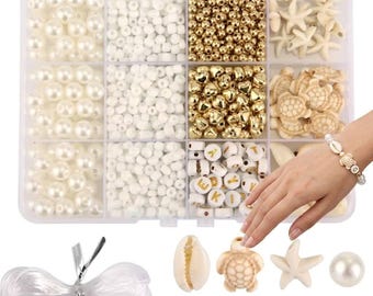Kit para hacer pulseras Pearl Beach, cuentas doradas con letras, dijes de conchas marinas, joyería costera DIY.