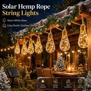 Könnte beinhalten: Solar-Lichterkette mit Hanfseil und klaren Glasbirnen, die im Inneren warmweiße Lichterketten enthalten und an einem dicken Seil hängen. Enthält einen schwarzen Solarpanel-Erdspieß sowie den Text Solar Hemp Rope String Lights.