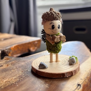 Handmade Mossy Bird Watcher Miniature | Acorn Hat Folk Art