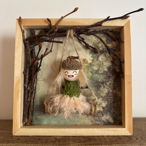 Acorn Folk Swing Shadow Box — Handcrafted Woodland Wall Art Nature Inspired Nursery Decor