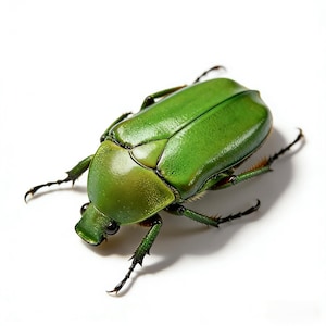 Pode incluir: Um besouro verde vibrante com uma carapaça brilhante e texturizada. O inseto tem seis pernas, garras pretas e um corpo segmentado. O besouro está sobre um fundo branco liso, destacando sua cor iridescente e detalhes intrincados.