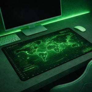 Cyber Hacker World Map Desk Mat Large Gaming Desk Pad Green Matrix Style Mouse Pad Global Network Desk Mat Cyberpunk Gamer Setup Desk Decor