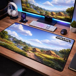 Puede incluir: Alfombrilla de ratón rectangular de Minecraft con un paisaje escénico con cielo azul, nubes y casas pequeñas. El logotipo de Minecraft está en la esquina inferior derecha. La alfombrilla está sobre un escritorio de madera con teclado, ratón y monitor.