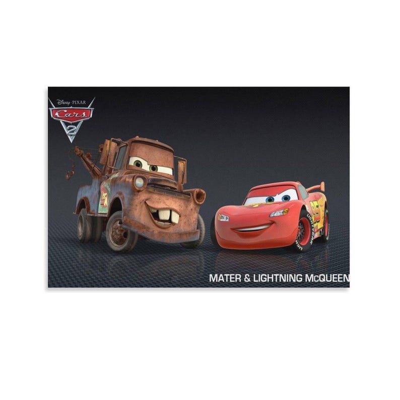 May include: An image featuring two animated cars from the Disney Pixar Cars 2 movie. On the left is Mater, a rusty brown tow truck with a friendly grin. On the right is Lightning McQueen, a red race car. The text "MATER & LIGHTNING McQUEEN" is below.