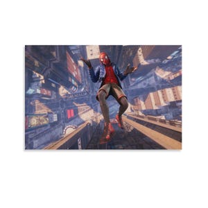 Puede incluir: Una impresi&oacute;n de arte digital que presenta a un personaje con una m&aacute;scara roja y negra, una camisa roja, una chaqueta azul y pantalones cortos marrones, en el aire sobre un paisaje urbano. El personaje est&aacute; en una pose din&aacute;mica con los brazos extendidos.