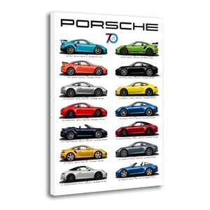 May include: A white canvas print featuring a collection of Porsche cars. The print displays various models in different colors, with the word "PORSCHE" at the top and the number "70" in a circle. Each car has its model name and specifications.