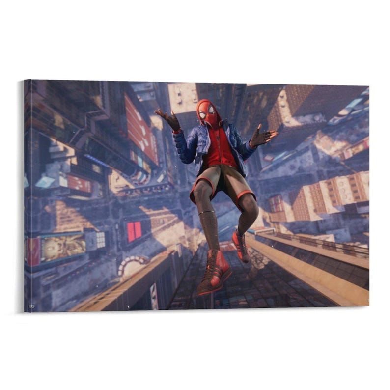 Puede incluir: Impresi&oacute;n en lienzo que presenta a un personaje con un traje rojo y negro, una chaqueta azul y zapatos rojos, en el aire sobre un paisaje urbano. El personaje lleva una m&aacute;scara roja y est&aacute; en una pose din&aacute;mica con los brazos extendidos.