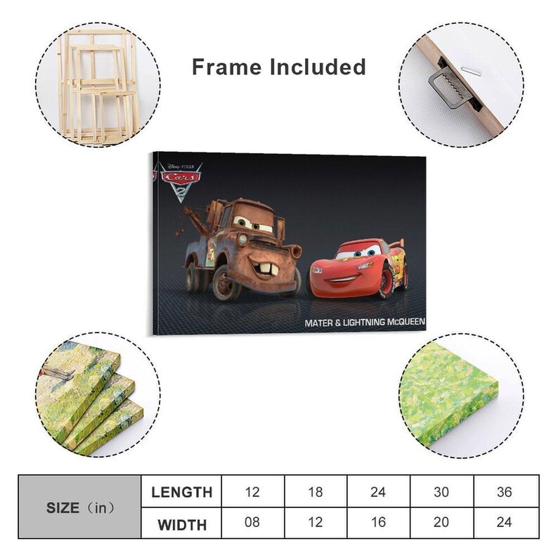 May include: A canvas print featuring the Disney Cars characters Mater and Lightning McQueen. The print includes the text "MATER & LIGHTNING MCQUEEN". The available sizes range from 12x8 inches to 36x24 inches.
