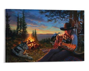David Mann Musik und Wolf Bonfire Wild West Animeshka Leinwand Wand dekor Druck plakat