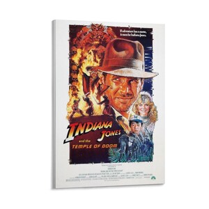 May include: A framed poster for the film "Indiana Jones and the Temple of Doom." The artwork features Indiana Jones in a fedora, with other characters and fiery imagery. Text includes the film title and the tagline.
