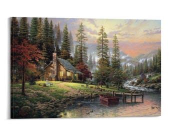 Landschaften Natur Bäume Wald Häuser Kabine Leinwand Kunst Malerei Wand Dekor Kunstwerk Druck Poster