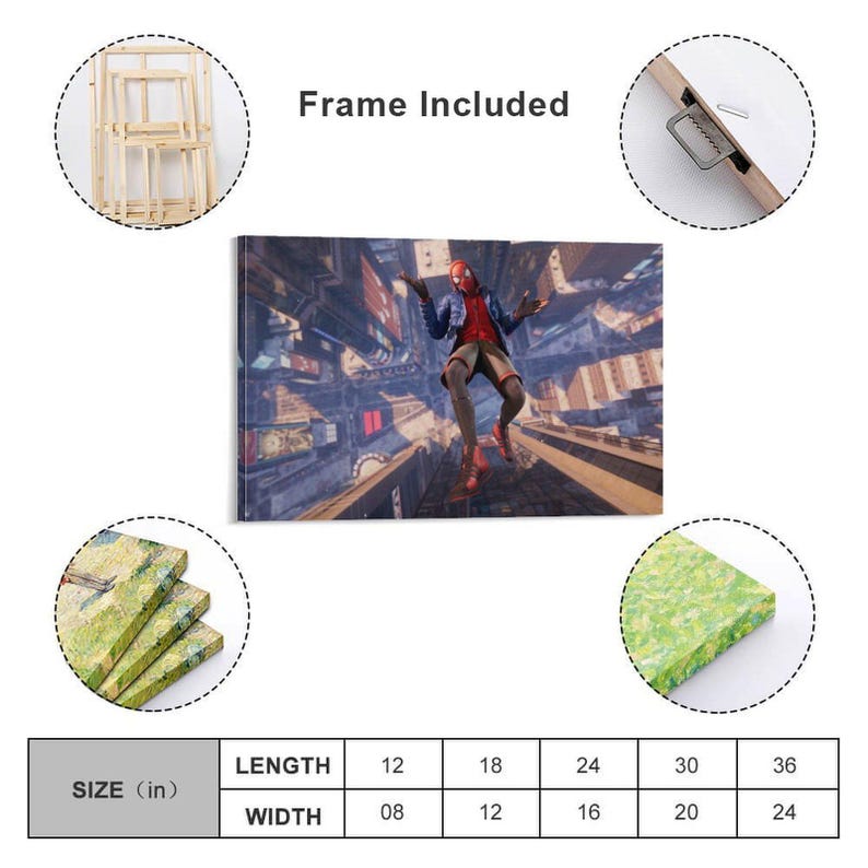 Puede incluir: Arte mural en lienzo que representa a un personaje de superh&eacute;roe en una pose din&aacute;mica, sobre un fondo de paisaje urbano. La obra de arte incluye el texto "Frame Included" y opciones de tama&ntilde;o en cm: 30x20, 46x30, 61x41, 76x51 y 91x61.