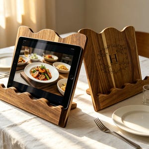 May include: Two wooden cookbook stands with a wavy edge design. One stand holds a tablet displaying a food image, while the other features an engraved letter H inside a floral wreath. The stands are made of brown wood with a visible grain pattern.