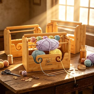 Personalized Wooden Yarn Spool Holder – Solid Wood Thread Rack for Knitting Crochet, with Phone Stand, Engravable Craft Organizer Gift