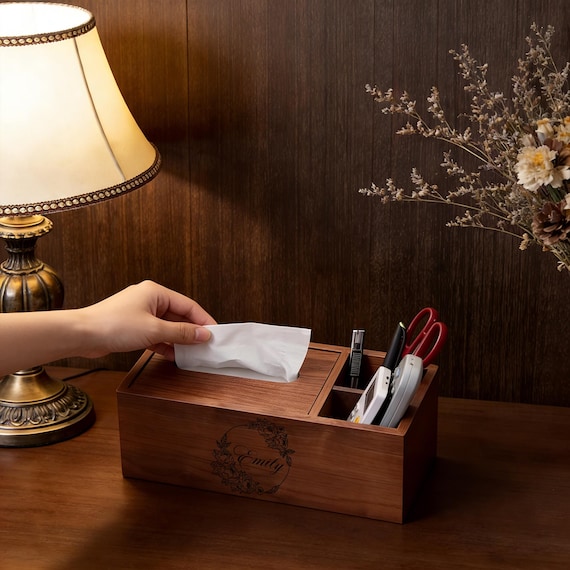 Personalisierte Taschentücherbox aus Schwarznussholz - Luxus-Fernbedienungshalter aus Holz, Schreibtisch-Organizer