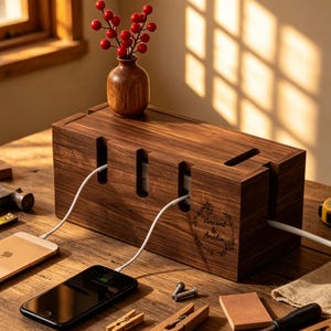Peut inclure: Une boîte de rangement pour câbles en bois foncé rectangulaire avec un couvercle amovible, dotée de fentes verticales pour des câbles de charge blancs. Le côté est gravé d'une couronne florale et du texte Vincent & Amelia. Un petit vase en bois avec des baies rouges est posé dessus.