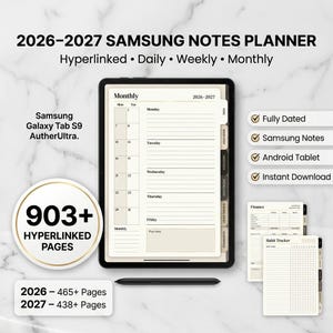 Könnte beinhalten: Ein 2026-2027 Samsung Notes Planer für Android-Tablets mit verlinkten Tages-, Wochen- und Monatsseiten. Der digitale Planer enthält über 903 Seiten sowie Vorlagen für Finanz- und Gewohnheitsverfolgung und ist für Samsung Galaxy Tab S9.