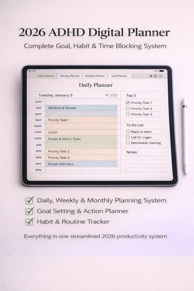 2026 ADHD Digital Planner for Adults | Goal Setting, Time Blocking ...