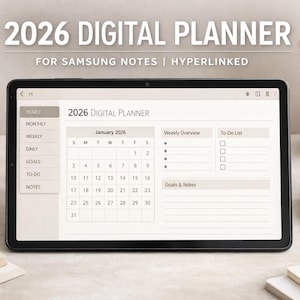 Könnte beinhalten: Ein digitaler Planer für 2026 auf einem Tablet. Der Bildschirm zeigt einen Kalender für Januar 2026 mit Optionen für Jahres-, Monats-, Wochen- und Tagesansichten. Der Text "2026 Digital Planner" ist oben zu sehen. Für Samsung Notes konzipiert und verlinkt.
