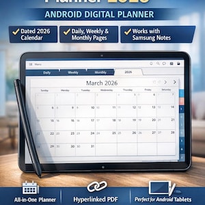 May include: A digital planner for Samsung Notes, labeled "Planner 2026." The tablet displays a March 2026 calendar. Features include daily, weekly, and monthly pages. The image also shows a stylus. Text on the image says "Stay Organized & Productive in 2026!"