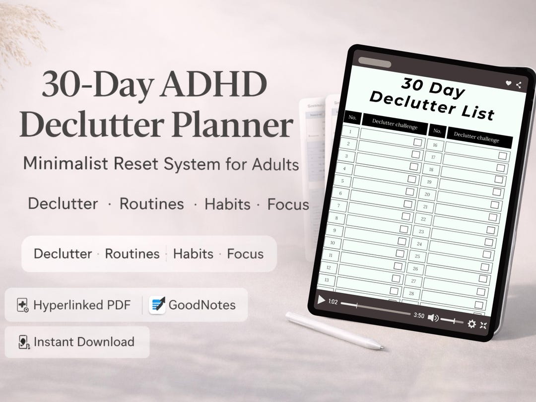 30-day ADHD Declutter List 2026 for Adults, Minimalist Planner ...