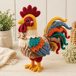 May include: A handcrafted crochet rooster figurine. The rooster features a red comb and wattle, yellow beak, and a multi-colored tail with blue, orange, and yellow accents. The body is primarily beige, with brown and teal details. The rooster stands on yellow feet.