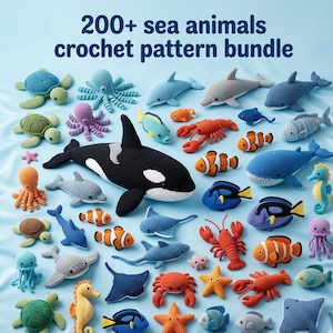 May include: A collection of crocheted sea creatures, including a whale, dolphins, fish, and a lobster, are arranged on a light blue surface. The image includes the text "200+ sea animals crochet pattern bundle". The handmade items are in various colors.