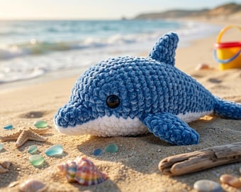 Virkad delfin amigurumi PDF-mönster — Nybörjarvänligt plysch, tjockt sammetsgarn gosedjur, virkmönster direkt nedladdning