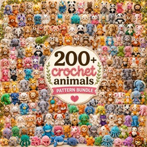 Puede incluir: Una colección de más de 200 patrones de animales de ganchillo. La imagen presenta una variedad de animales de peluche hechos a mano, incluyendo osos, pandas, elefantes y conejos, en varios colores. El elemento central es un gráfico circular con el texto "200+ crochet animals PATTERN BUNDLE".