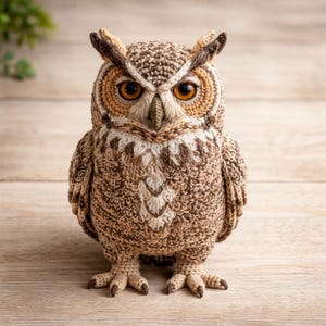 以下が含まれることがあります： 手作りのフクロウの置物。茶色、ベージュ、クリーム色の色合いで、大きなオレンジ色の目があります。フクロウはかぎ針編みで作られており、立って爪を見せています。かぎ針編みの作品は非常に詳細です。