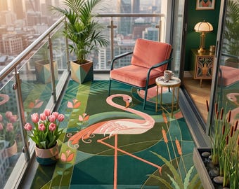 May include: A rectangular area rug featuring a large pink flamingo graphic centered on a deep green background with stylized pink tulips and tall reeds. The rug design incorporates geometric lines and botanical elements in shades of green and pink.