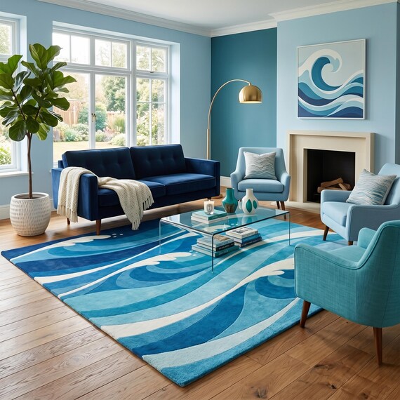 Hand Tufted Ocean Wave Rug, Coastal Blue Area Carpet, Modern Beach House Decor