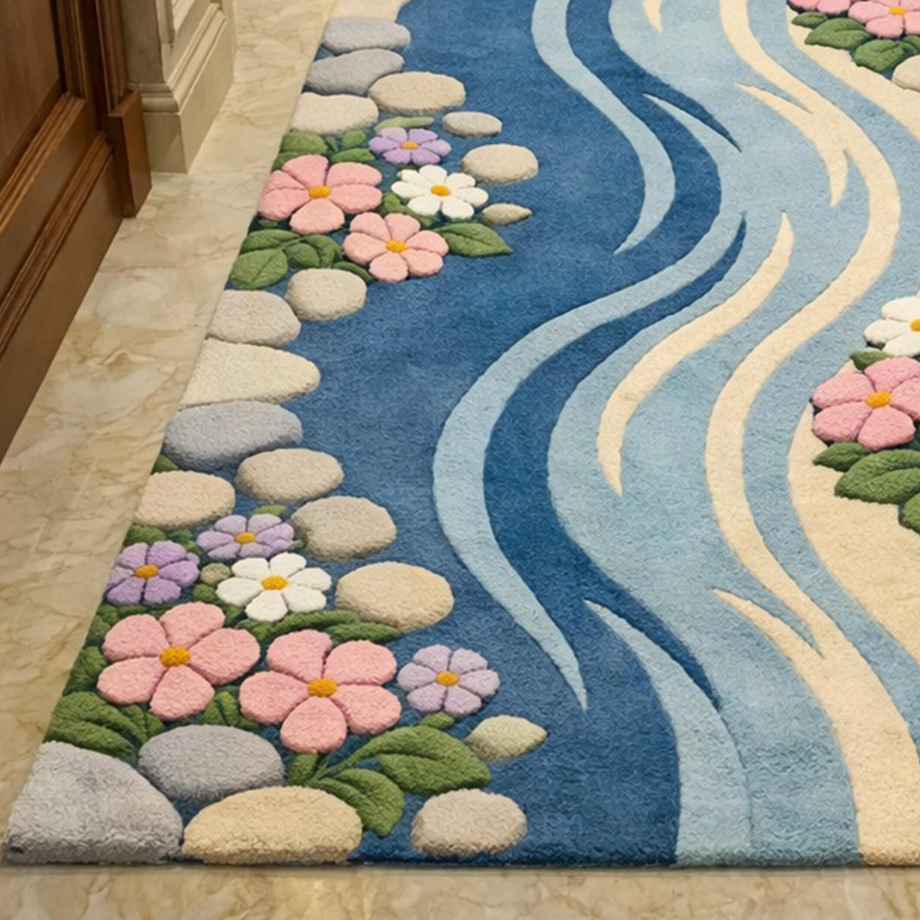 Hand Tufted River Runner Rug, Floral Pebble Pathway, Nature Inspired ...