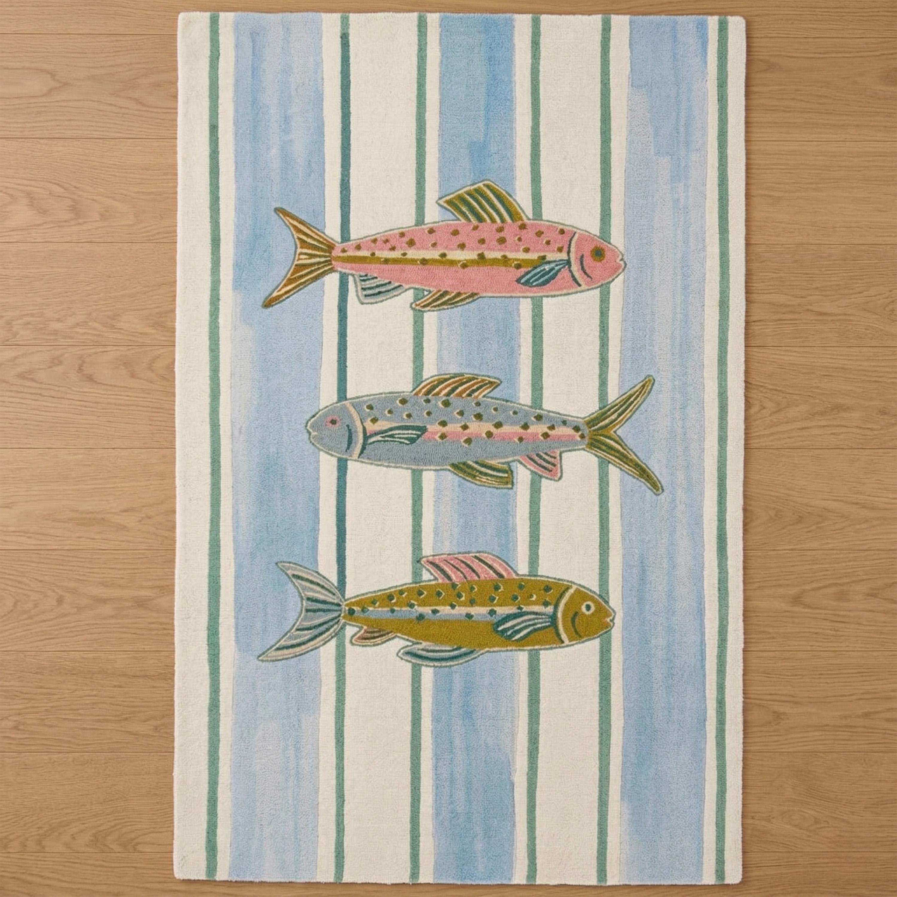Hand-tufted Coastal Fish Area Rug, Blue Green Striped Nautical Carpet ...