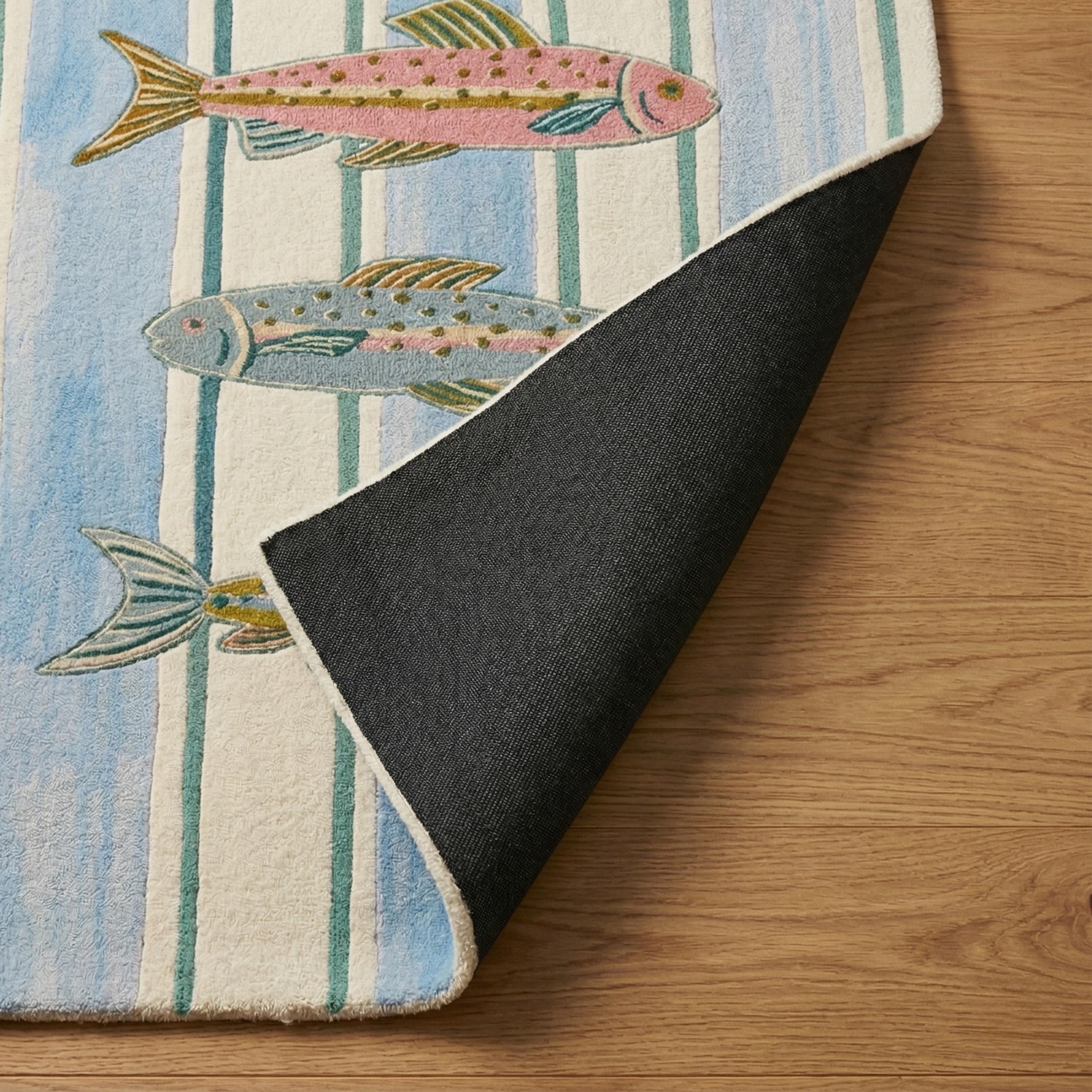 Hand-tufted Coastal Fish Area Rug, Blue Green Striped Nautical Carpet ...