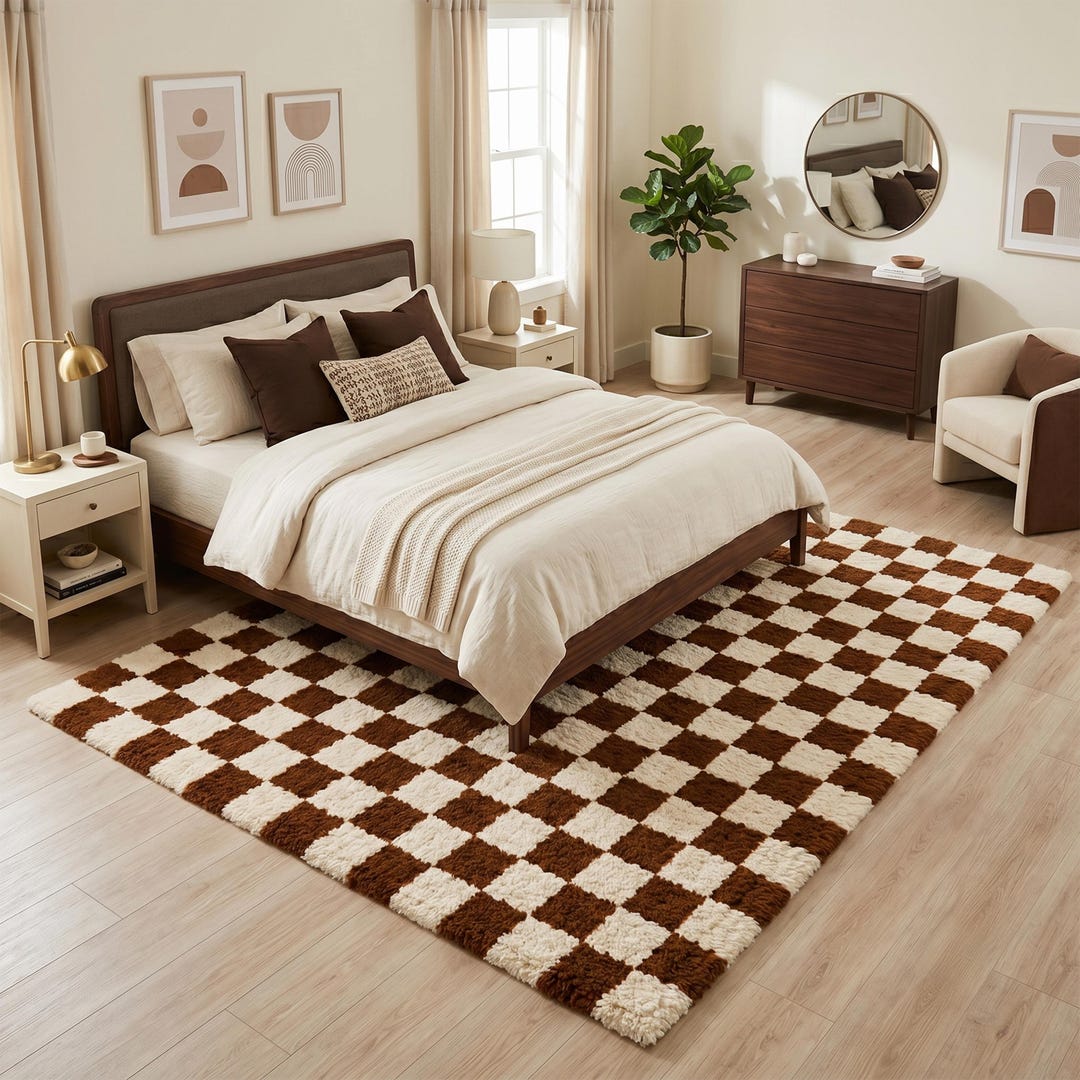 Faded Checkerboard Rug Hand Tufted Wool Checkerboard Rug – Brown Cream Modern Carpet for ...