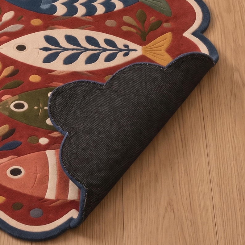 Fish Tuft Rug Hand Tufted Fish Runner Rug – Olive Green, Scalloped Border, Coastal ...