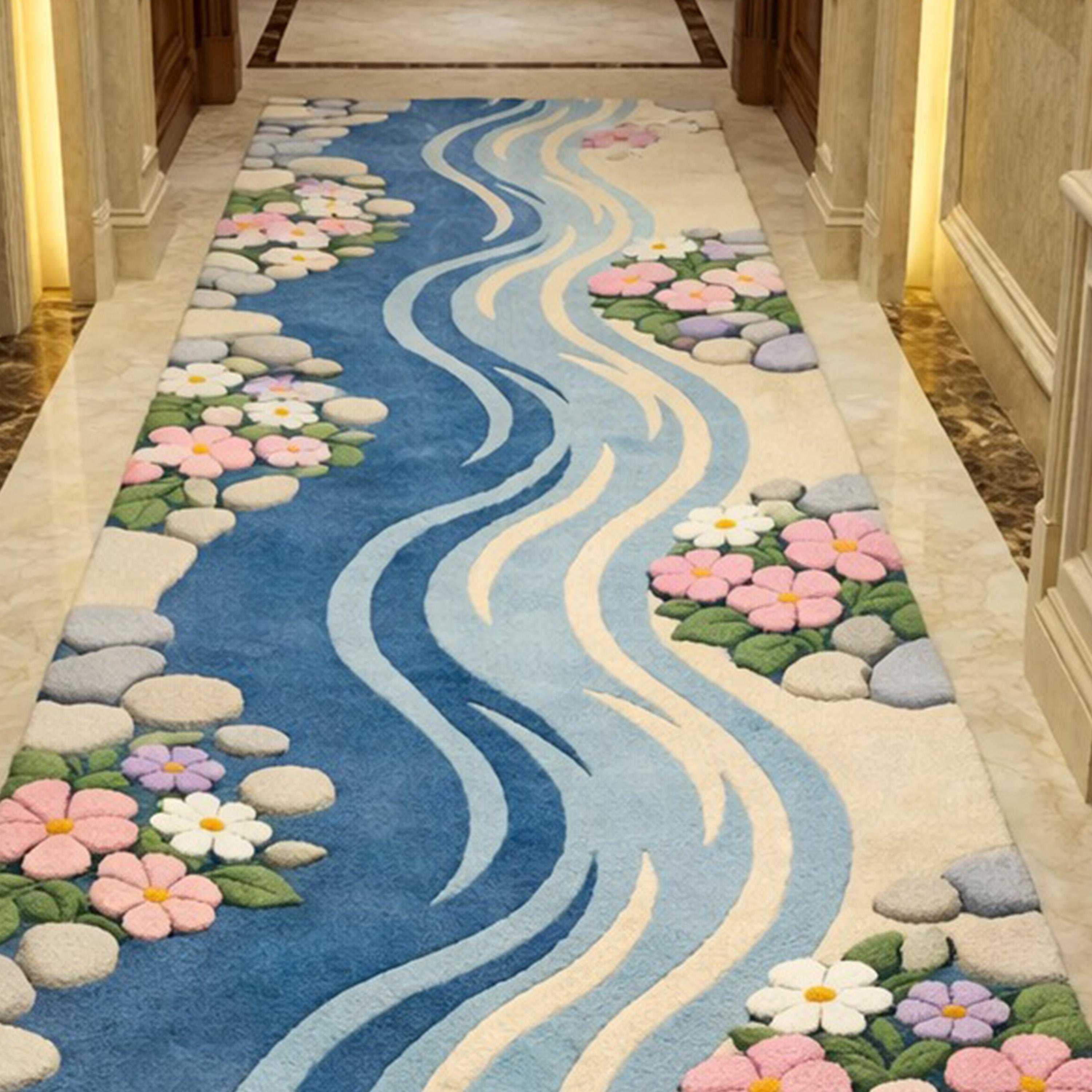 Hand Tufted River Runner Rug, Floral Pebble Pathway, Nature Inspired ...