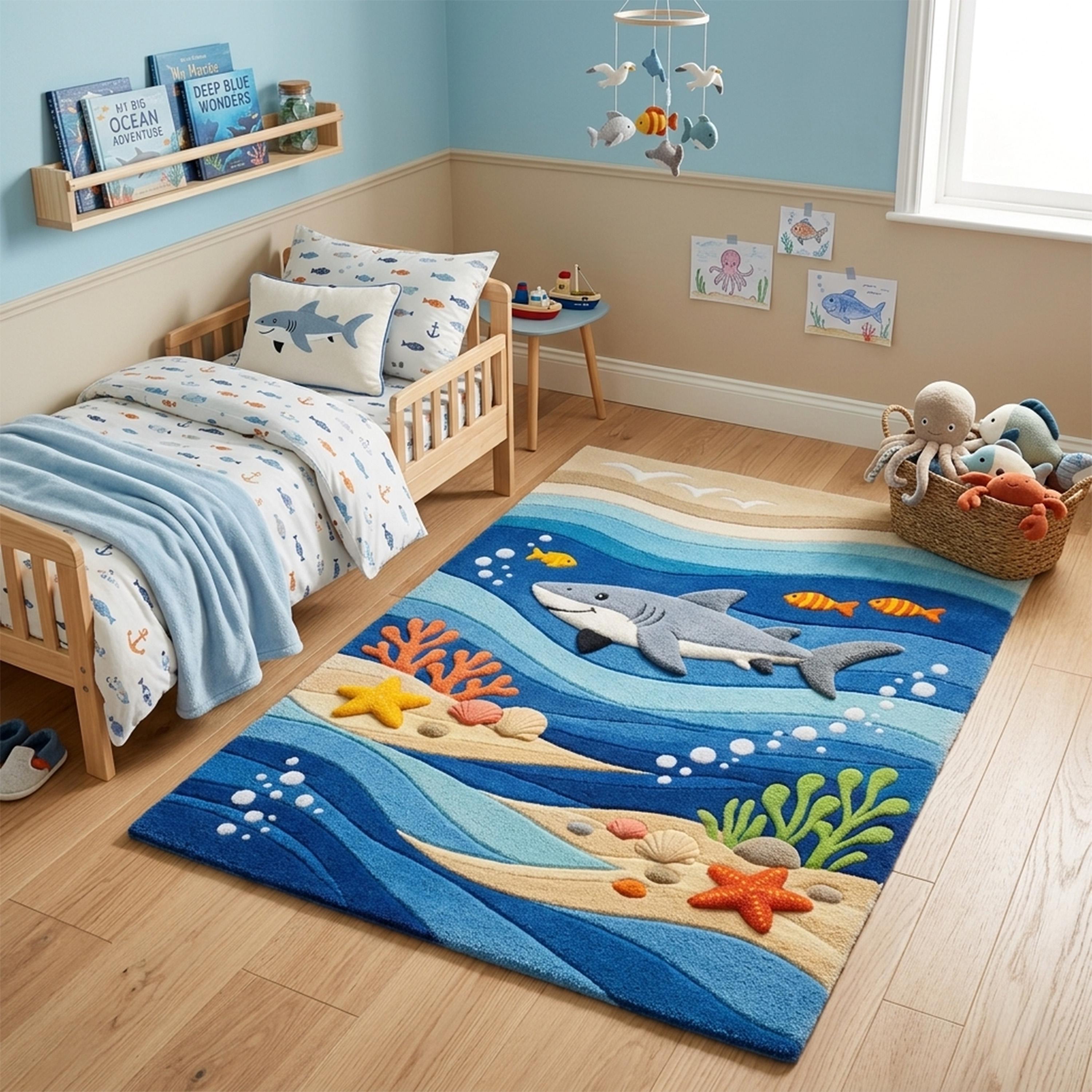 Hand Tufted Ocean Rug – Shark, Fish, Waves Kids Room Nursery Décor - Etsy
