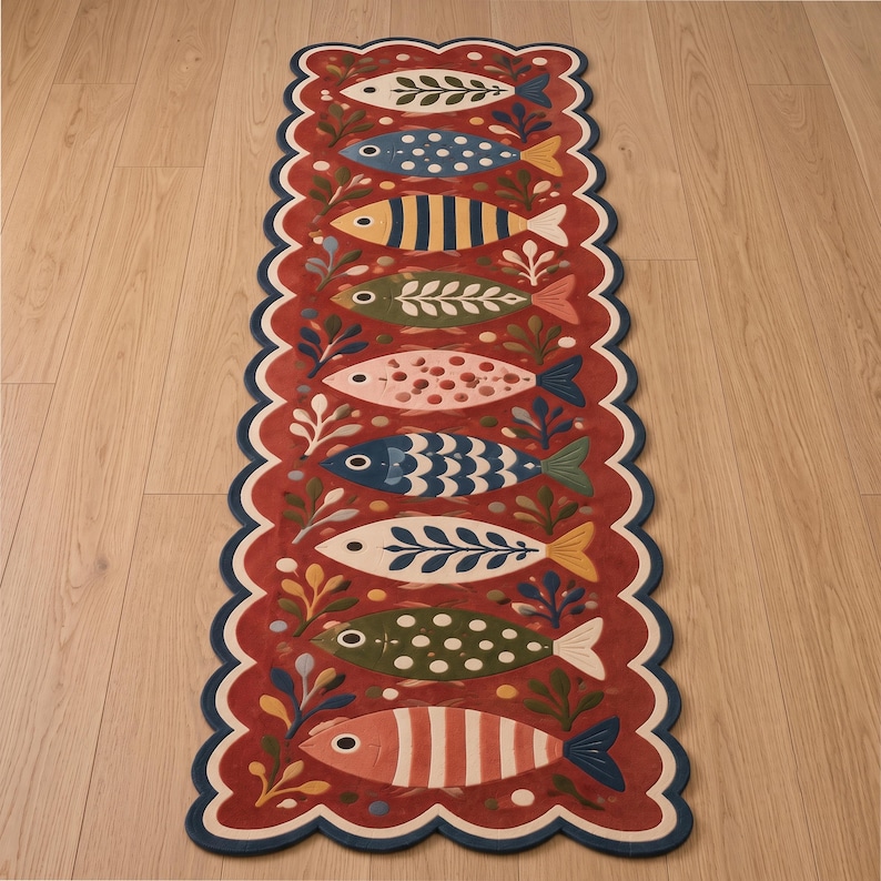 Fish Tuft Rug Hand Tufted Fish Runner Rug – Olive Green, Scalloped Border, Coastal ...