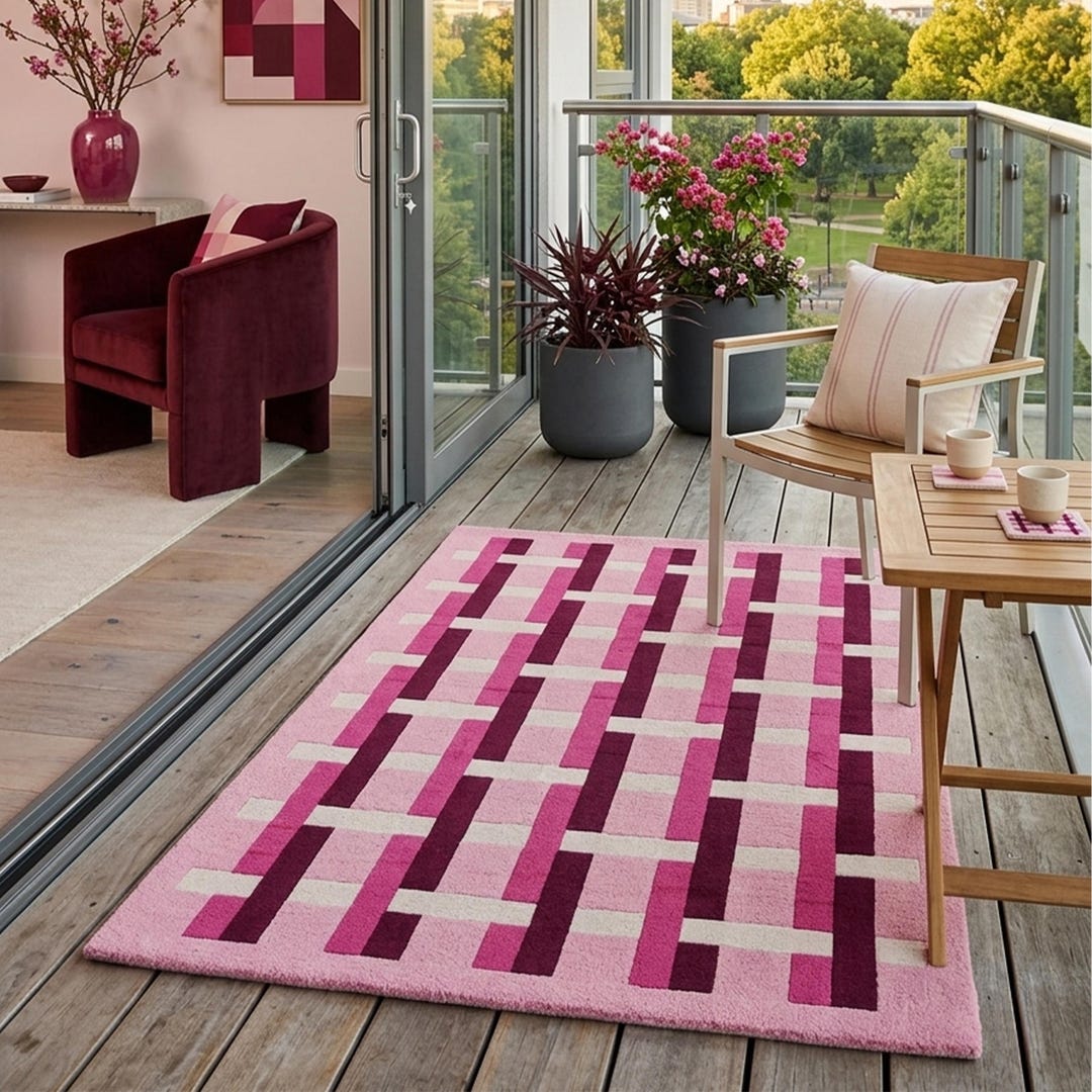 Pink Geometric Tufted Rug, Modern Lattice Pattern Carpet, Plush Living ...