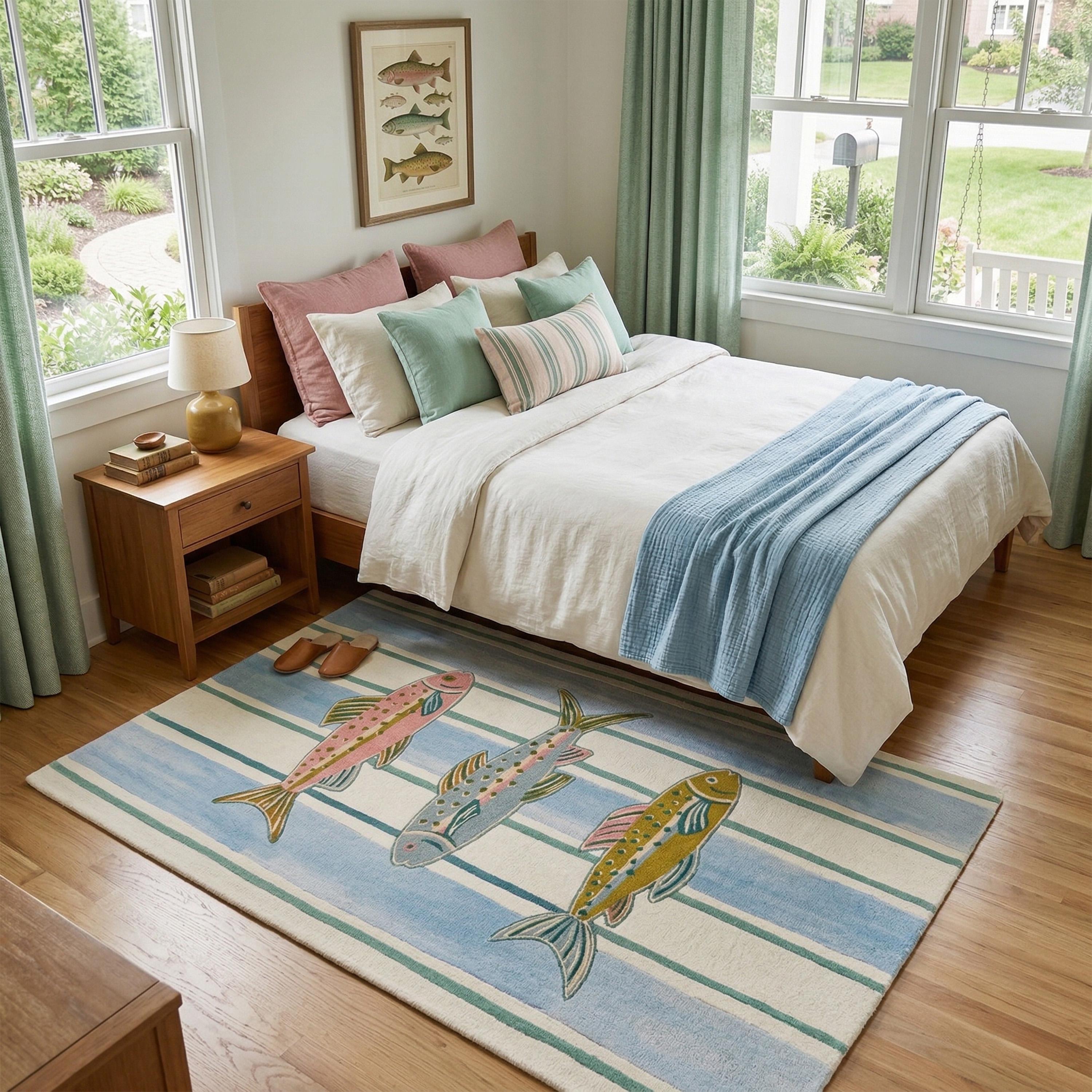 Hand-tufted Coastal Fish Area Rug, Blue Green Striped Nautical Carpet ...