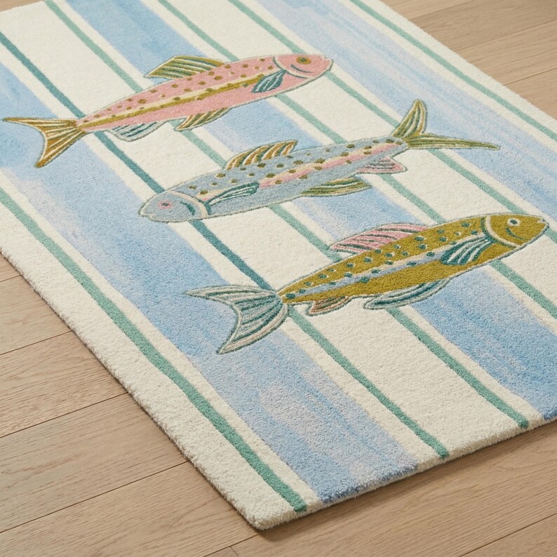 Hand-tufted Coastal Fish Area Rug, Blue Green Striped Nautical Carpet ...