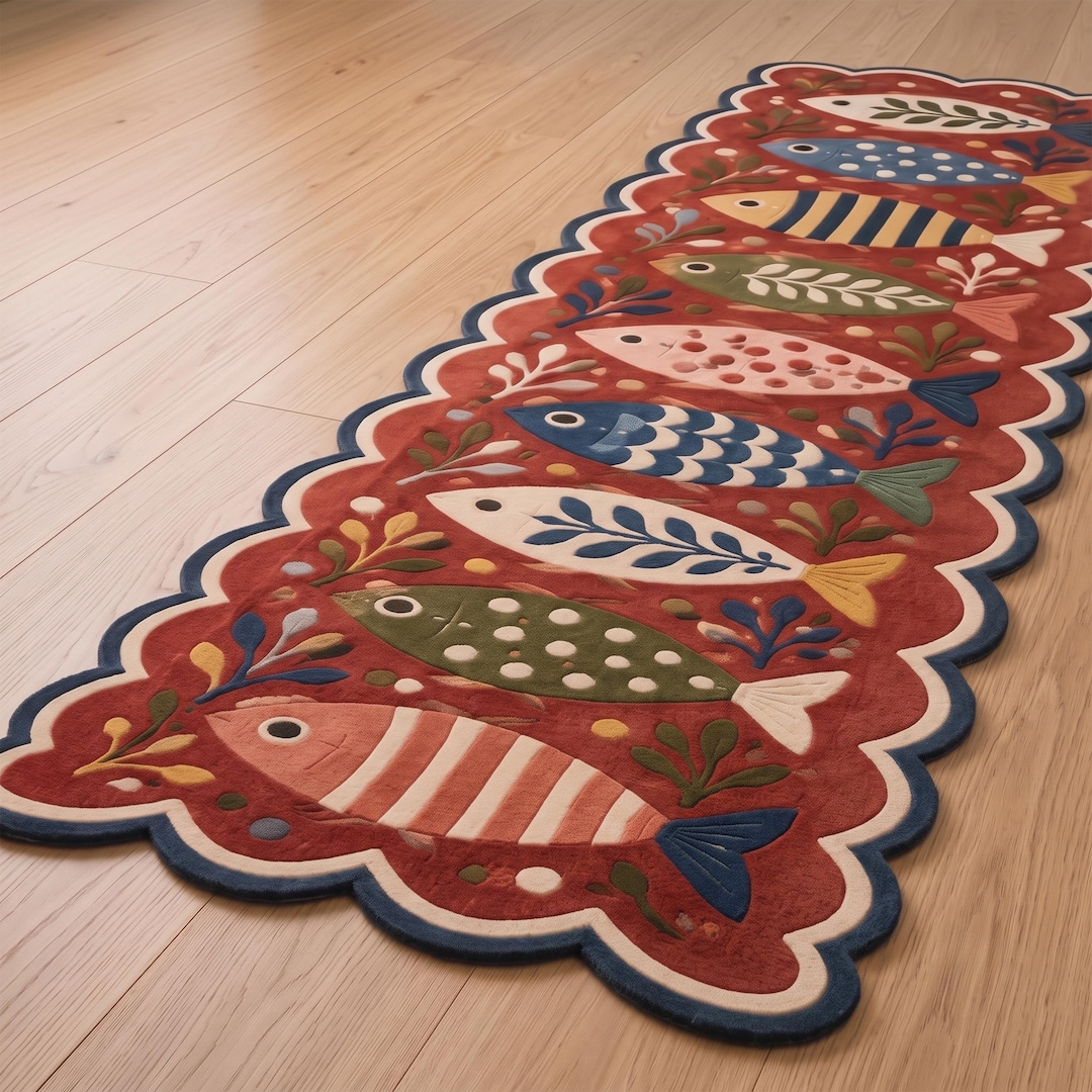 Fish Tuft Rug Hand Tufted Fish Runner Rug – Olive Green, Scalloped Border, Coastal ...