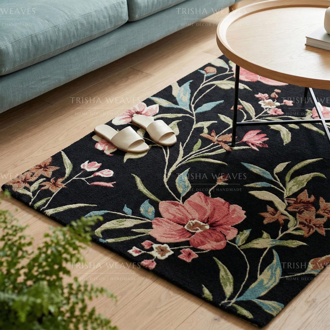 Floral Area Rug – Black Botanical Design With Pink, Red, White Flowers ...