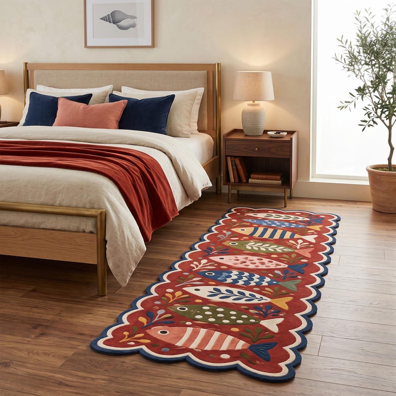 Fish Tuft Rug Hand Tufted Fish Runner Rug – Olive Green, Scalloped Border, Coastal ...