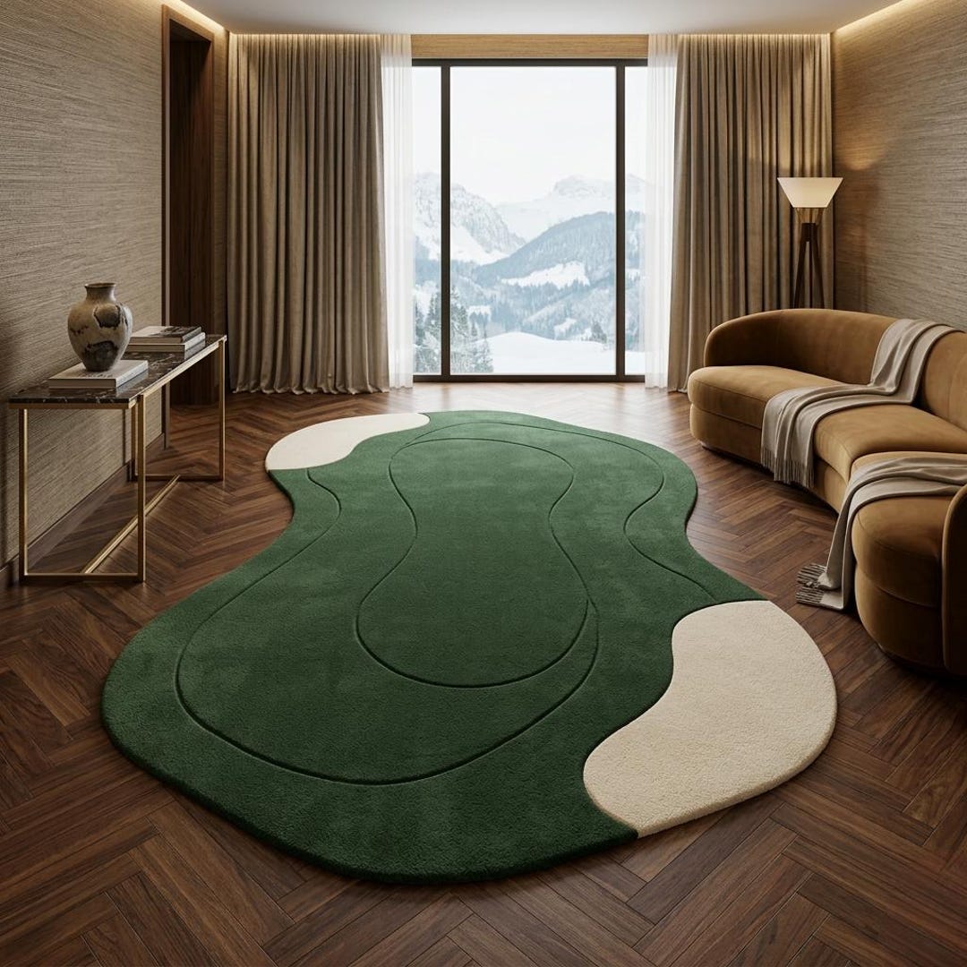 Hand Tufted Wool Organic Shape Area Rug – Green and Cream Modern ...