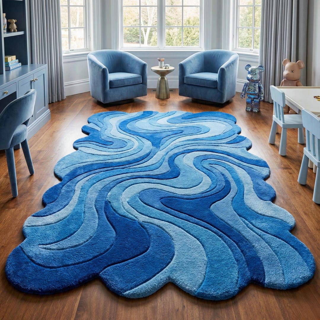 Ocean Blue Hand Tufted Wool Rug – Curved Organic Shape Modern Plush ...